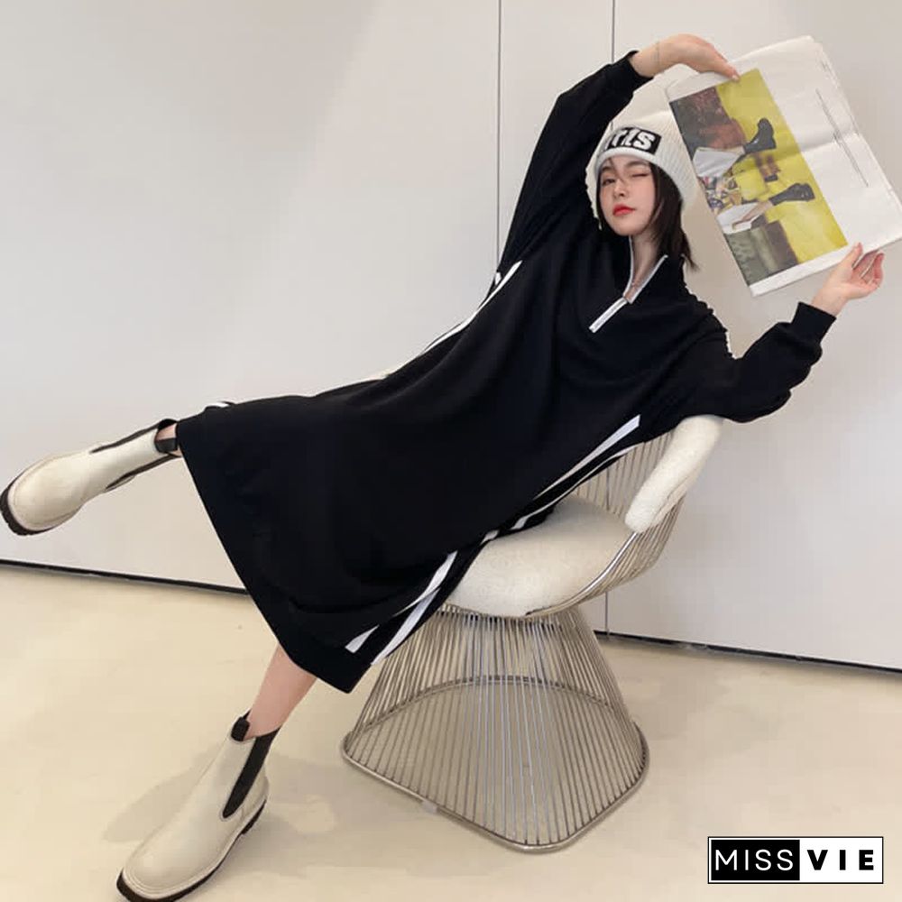 Plus Size Stripe Zipper Long Sleeve Loose Dress