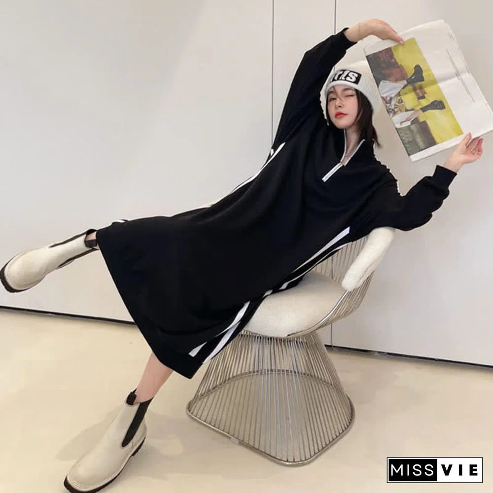 Plus Size Stripe Zipper Long Sleeve Loose Dress