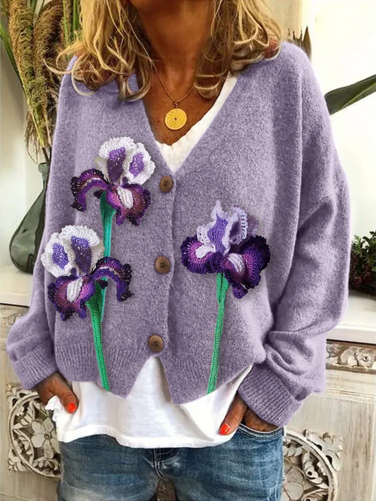 Classy Irises Crochet Art Cozy Knit Cardigan