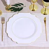 10 Pack | 11" White Hard Plastic Dinner Plates, Disposable Tableware, Baroque Heavy Duty Plates with Gold Rim