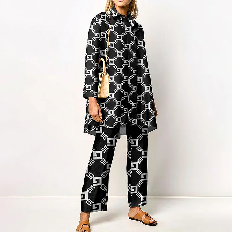 Fashion Geometric Print Shirt Two Piece Set