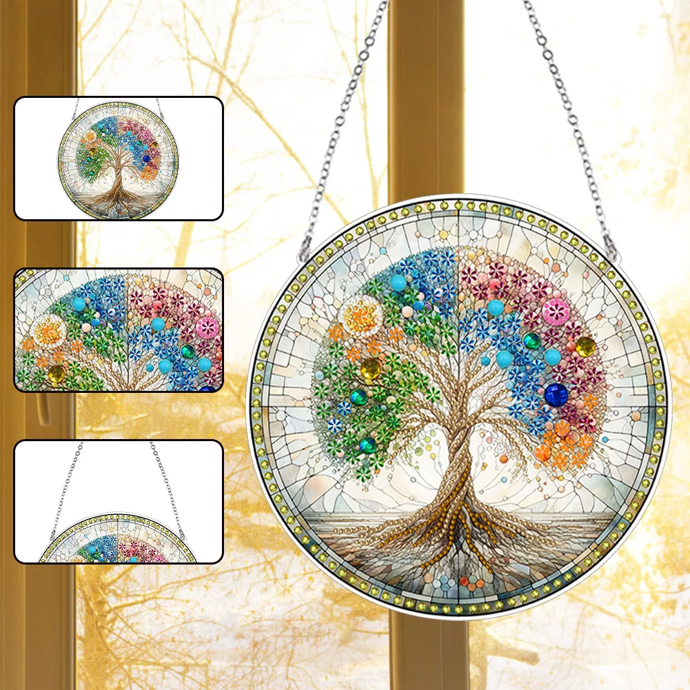 DIY Tree Stained Glass Acrylic Diamond Painting Hanging Pendant for Home Wall Decor