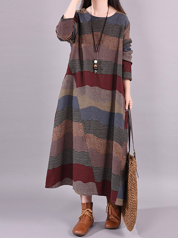 Artistic Retro Loose Ramie Cotton Striped Multi-Colored Midi Dress