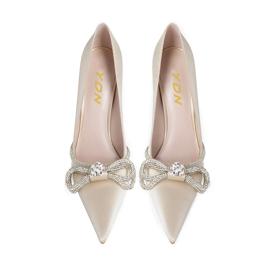 Satin Pointed Toe Rhinestone Bow Inlay Elegant Pumps with Flared Heel