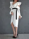 Simple V-Neck Hollow Long Sleeve Falbala Belted Asymmetric Urban Midi Dress