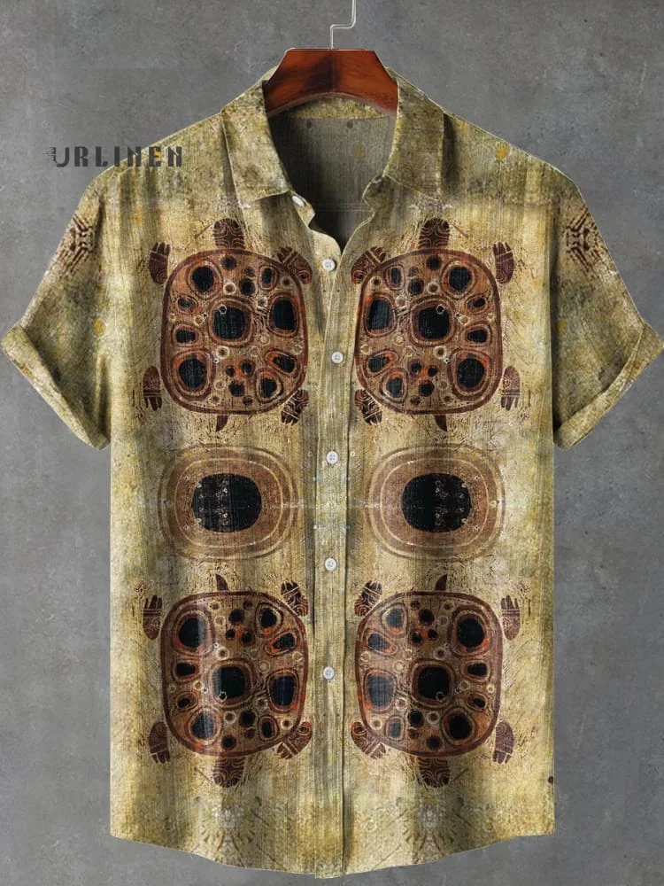 Vintage Hand Painted Turtle Print Casual 100% Cotton Shirt