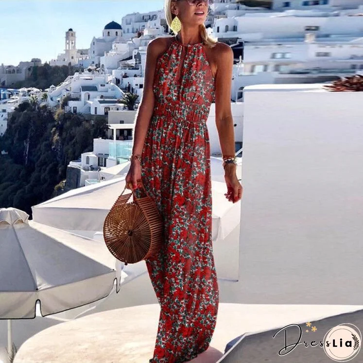 XIEYINSHE AliExpress New round Neck Halter Backless Sexy Print Dress Women's Long Dress