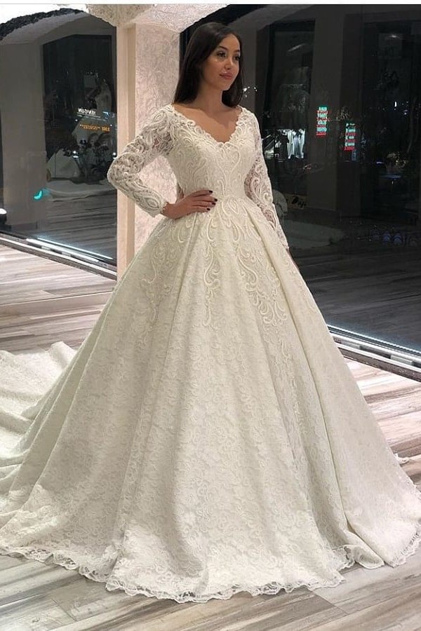 Alluring A-line Long Sleeves Floor-length Deep V-neck Wedding Dress With Appliques Lace | Ballbellas Ballbellas