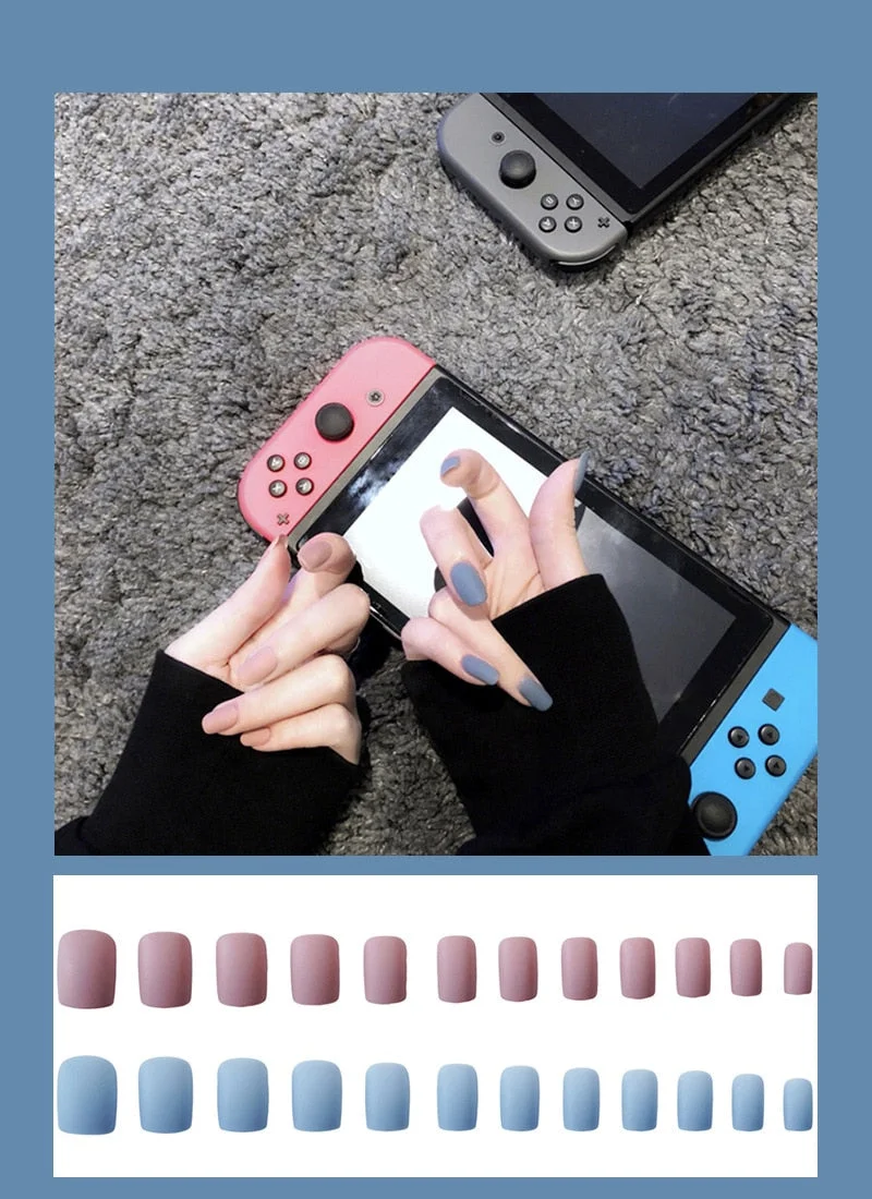 24pcs Dark Coffee Fake Nails Orange And Yellow Two-tone Matte Polish False Nail Patch Round Ballet Nail Tips Glue Wear Manicure-Nail Inspo