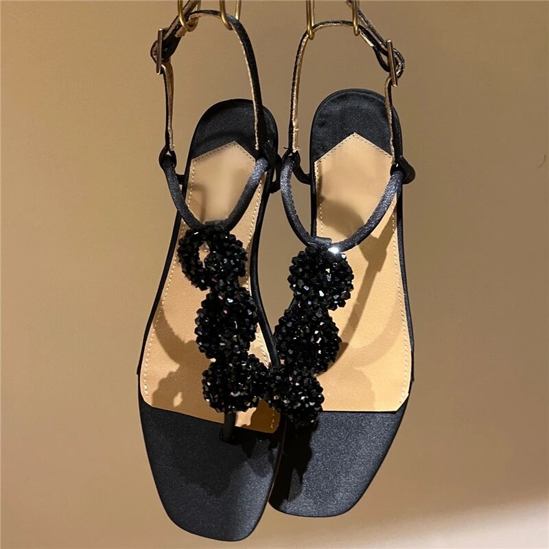 VCSHOES Satin T-Strap Flat Heel Flip Flops Split Toe Crystal Diamond Chains Decor Modern Sandals Women