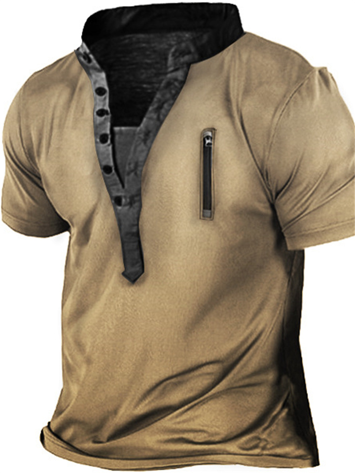 Summer New Tactical Men's T-shirt Men's Outdoor Training Wind Zipper Retro Print Loose Type V-neck Short-sleeved Top