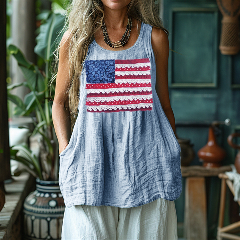 American Flag Fiber Art Patch Linen Tank Top wearshes