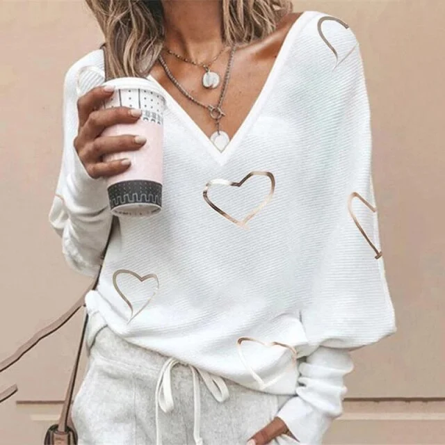 Heart Printing Blusa Casual V Neck Loose Pullover Blouse