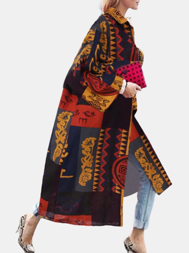 Ethnic Print Bell Sleeves Loose Casual Coat For Women