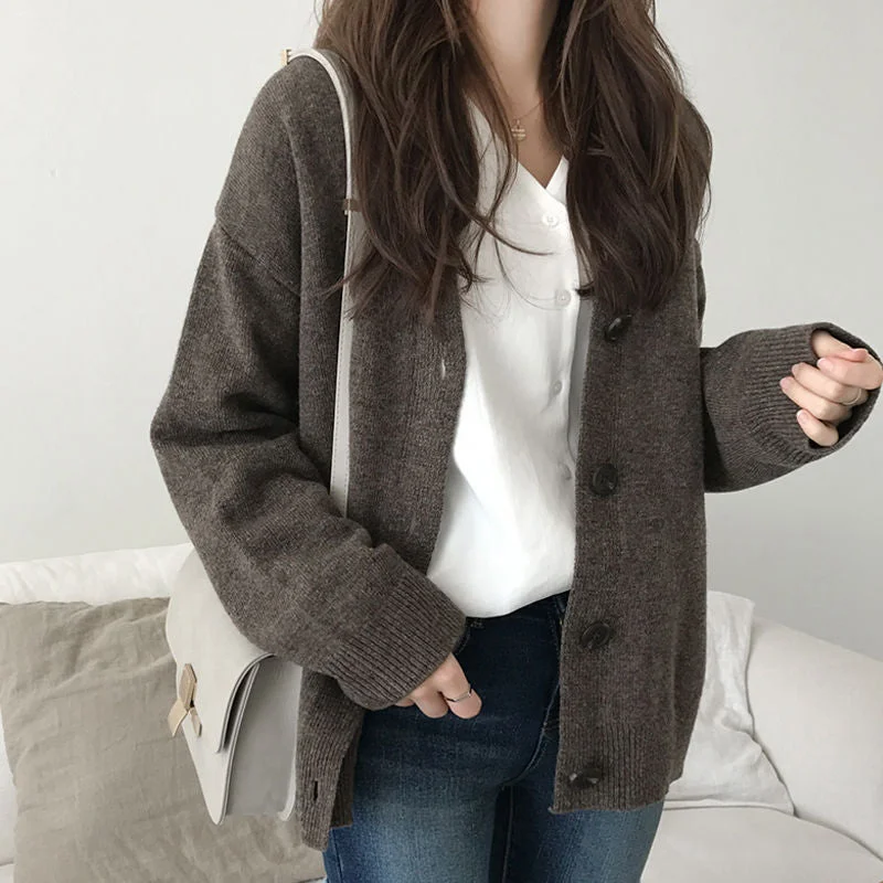 Sweaters Women Autumn Solid Single Breasted Cardigans V-neck Leisure Warm Loose Female Jumpers Knit Korean Simple Outwears Retro