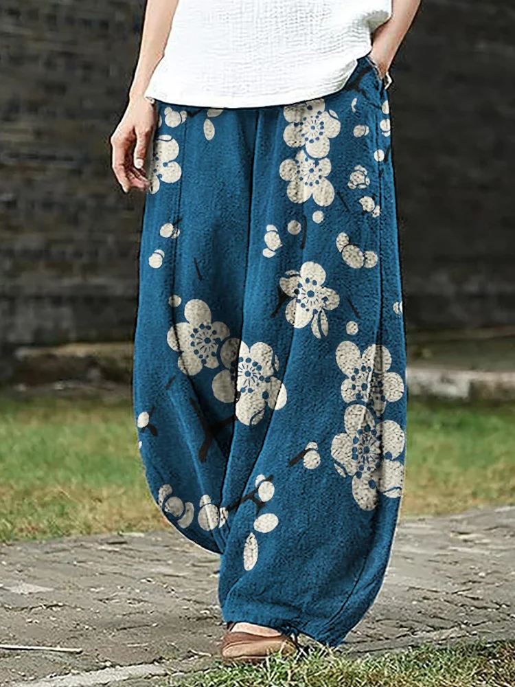 Comstylish Plum Blossom Japanese Lino Art Flowy Wide Leg Pants