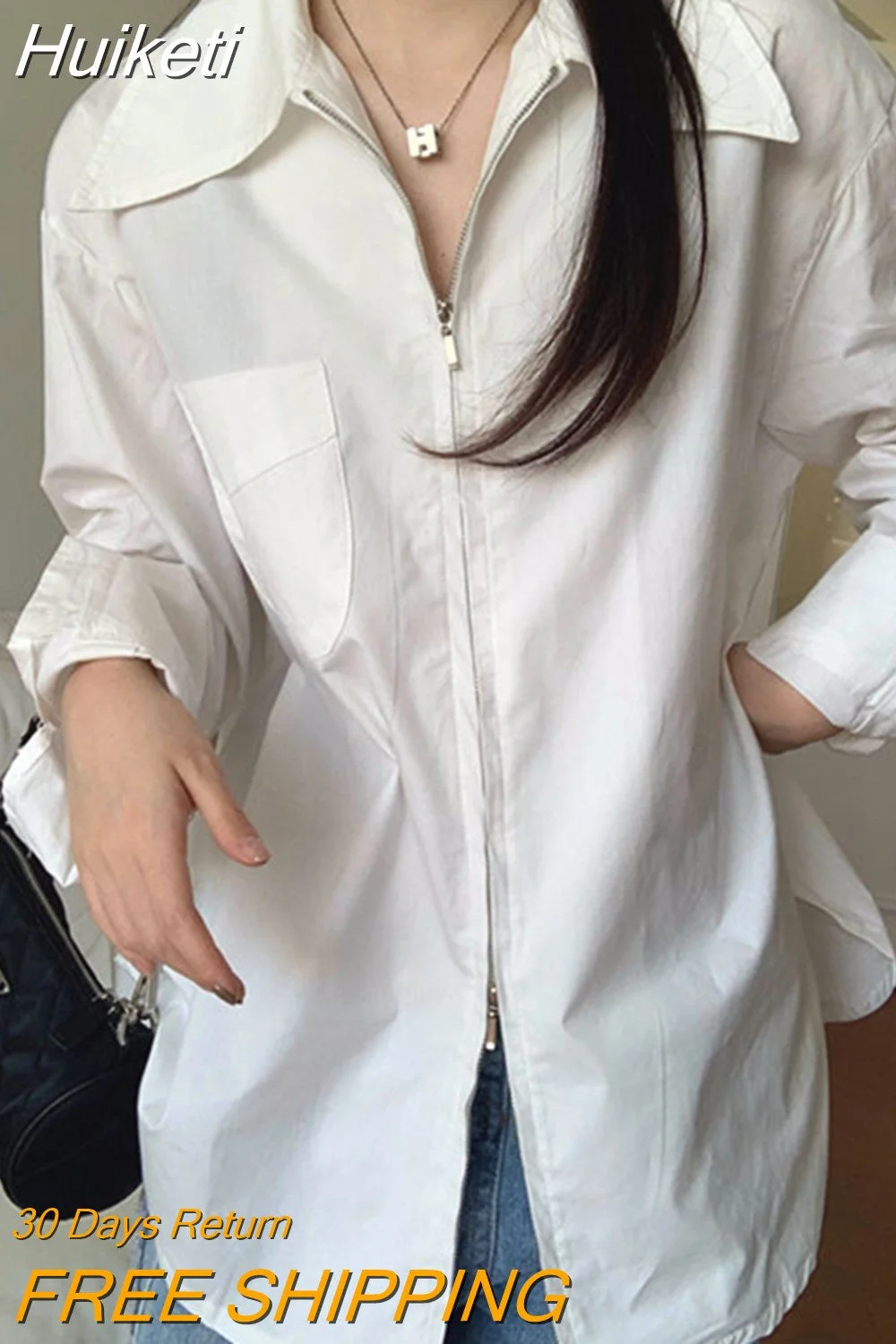 Huiketi Simple Women Long Shirts Designed Double Zipper White OL Shirt Long Sleeve Loose Casual Ladies Tops Fashion Korean Blouse
