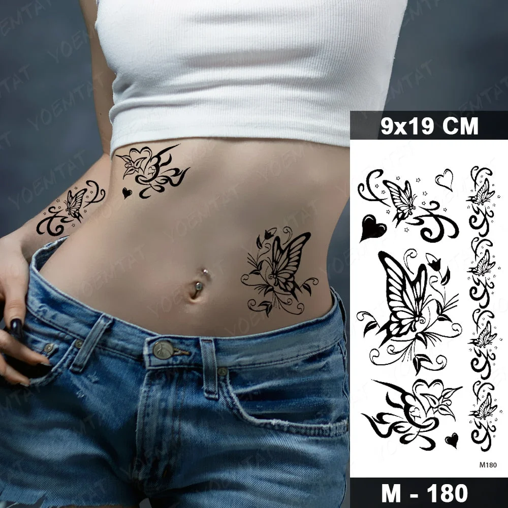 Temporary Tattoos Sticker For Women Body Art Tattoo Sticker 3d Butterfly Rose Flower Feather Tattoo Waterproof Halloween Gift
