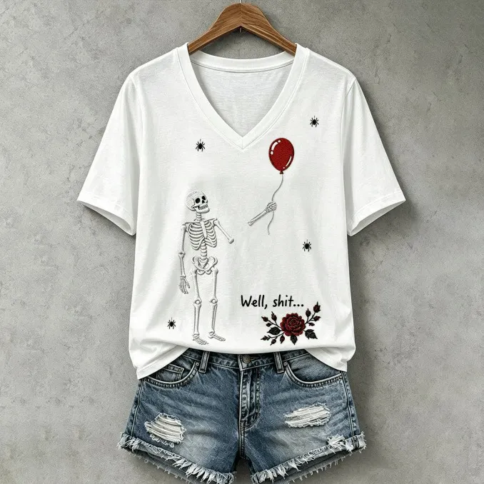 Women's Halloween Well, Shit... Print V Neck T-shirt