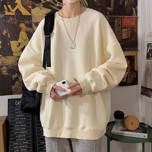 Men's Solid Color Sweatshirts 2021 Autumn Harajuku O-Neck Oversized Pullover Casual Plus Velvet Long Sleeve Basic Top Streetwear