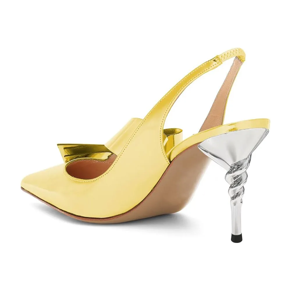 YDN Shiny Gold Patent Leather Pointed Toe Slingback Bow Heels