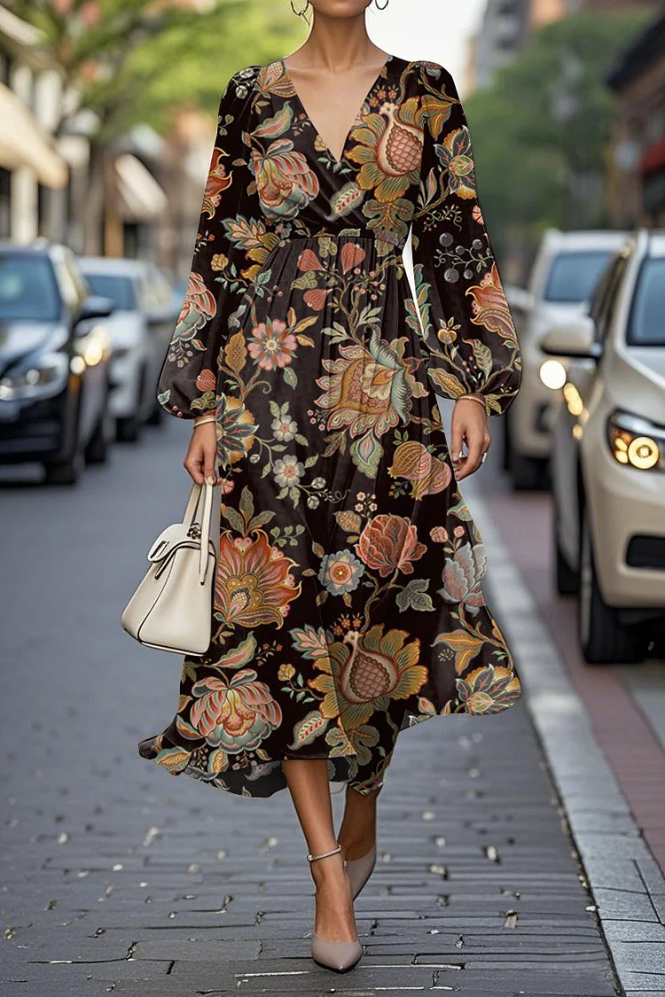 Elegant Floral Print Lantern Sleeve V-Neck A-Line Midi Chiffon Dress