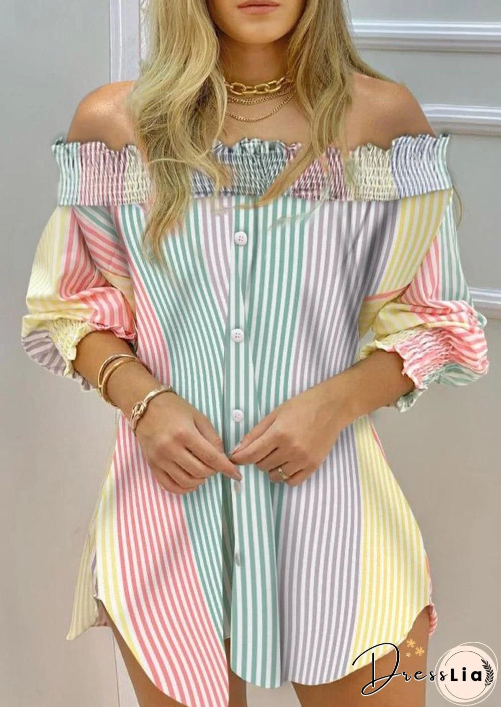 Off Shoulder Color Striped Button Front Smoking Blouse Dress P13581