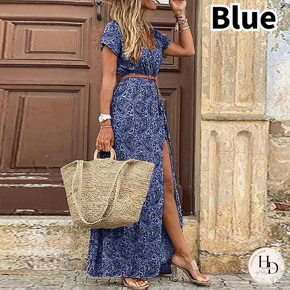 Summer Womens Fashion Retro Floral Elegant Dress Ladies Loose Casual Long One-_piece