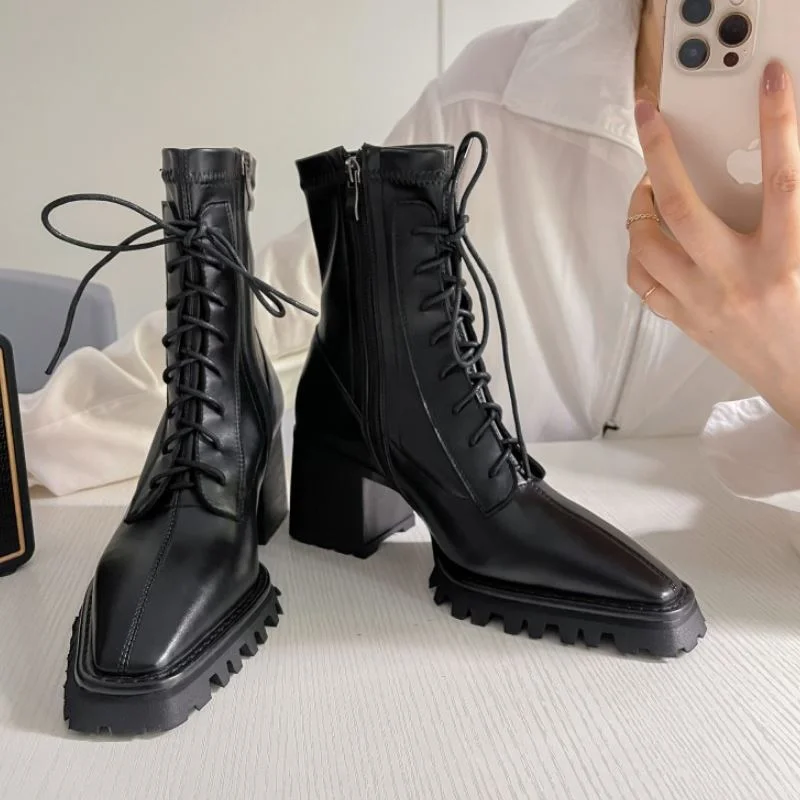 Taoffen Ankle Boots For Women Shoes Thick High Heels Cool Short Boot Ins Style Fashion Winter Ladies Footwear Size 34-39