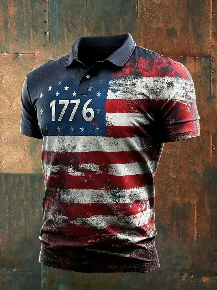 Comstylish Men's Retro Flag Print Polo Shirt