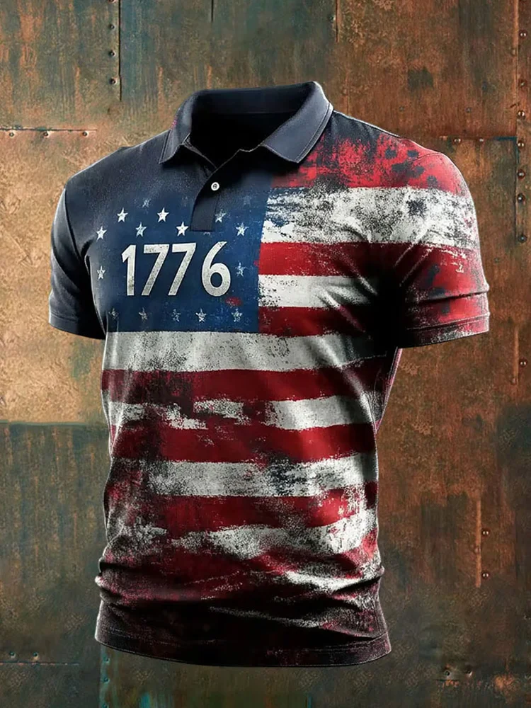 Men's Retro Flag Print Polo Shirt
