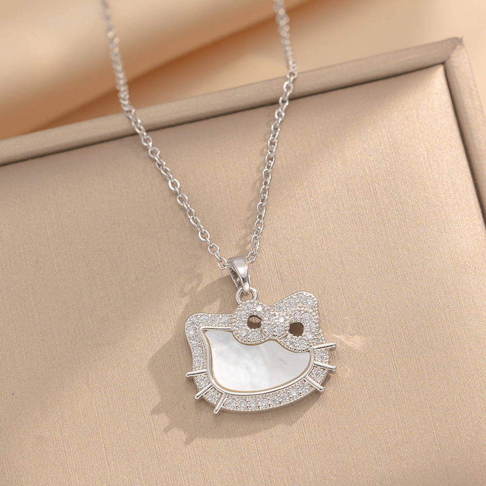 Bow Cat Gorgeous Full Diamond Necklace Women’S Versatile Clavicle Chain Titanium Steel Chain