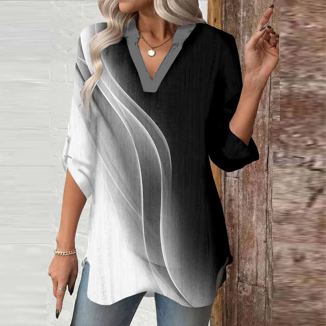 Women Texture, Black, White DZGA0706 3/4 Sleeve V-neck Printed Graphic Button Tops
