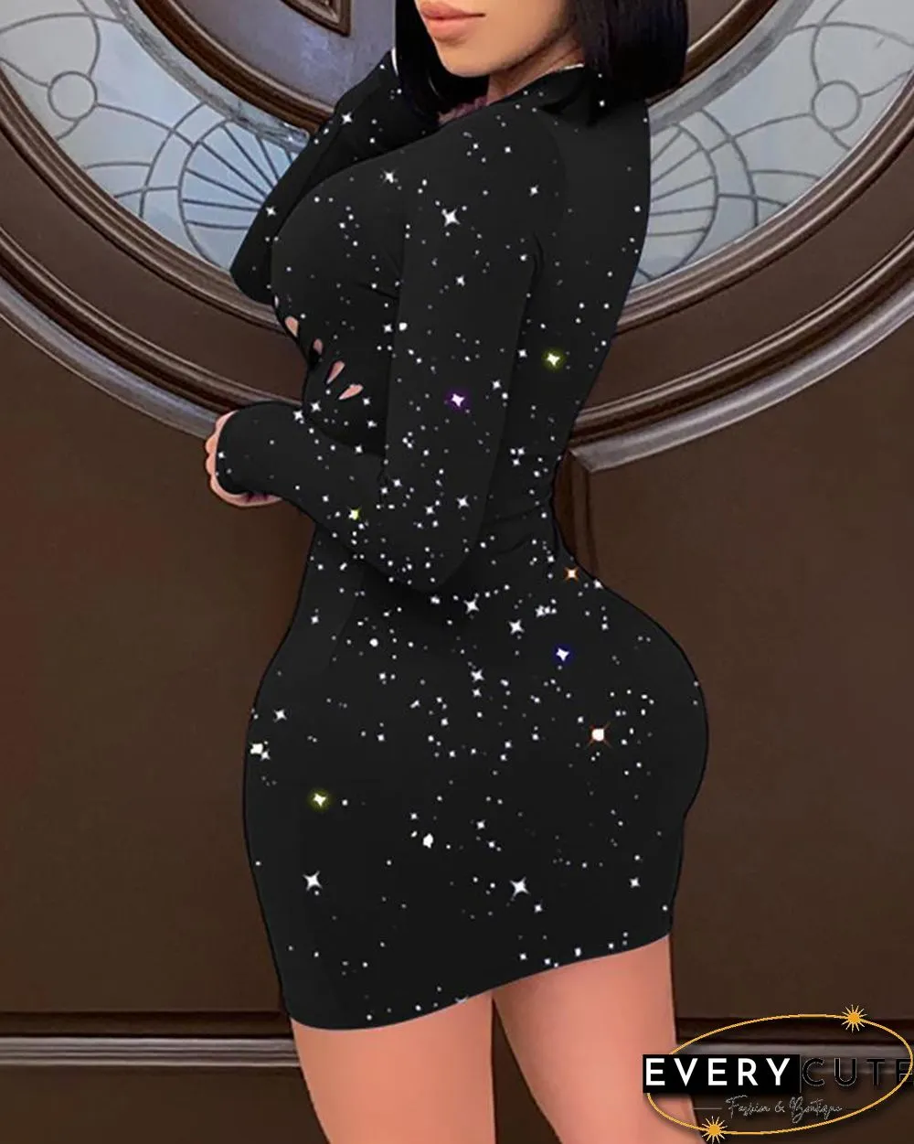 Ladder Cutout Glitter Long Sleeve Bodycon Dress P13046