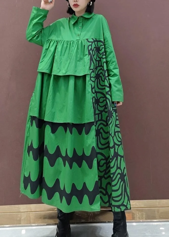 Vivid Lapel Asymmetric Spring Quilting Dresses Tunic Green Print Plus Size Dress