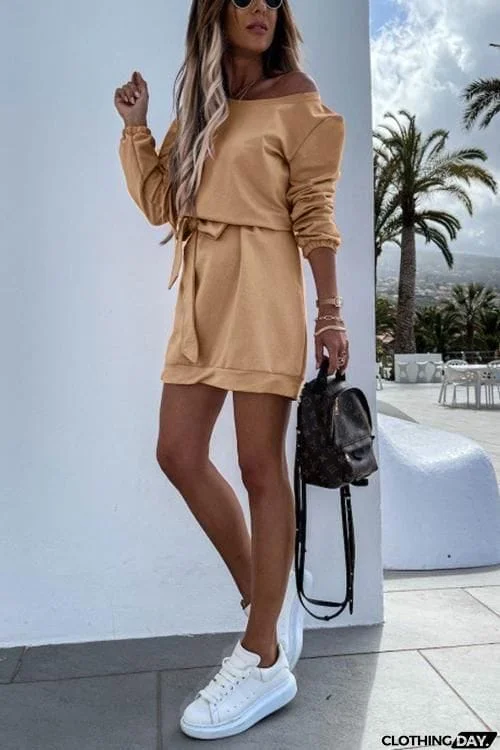 Dew Shoulder Belted Long Sleeve Mini Dress