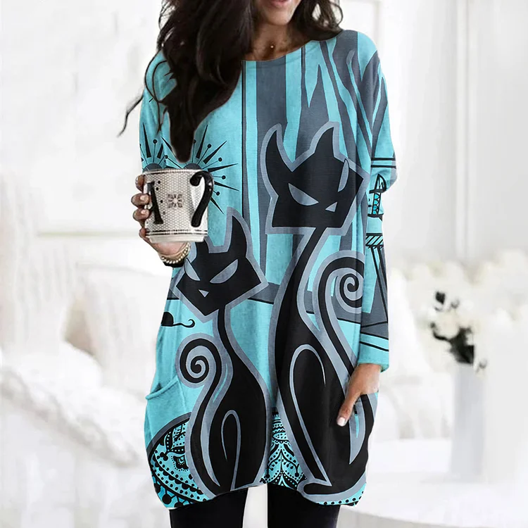 Wearshes Cat Print Crew Neck Long Sleeve Tunic