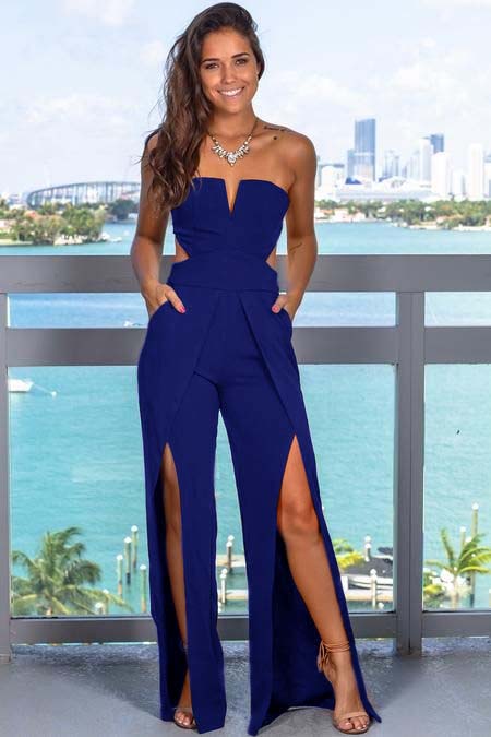  Chic Black Jumpsuit  Strapless Sleeveless Cutout Slit Long Wide Leg JP0007