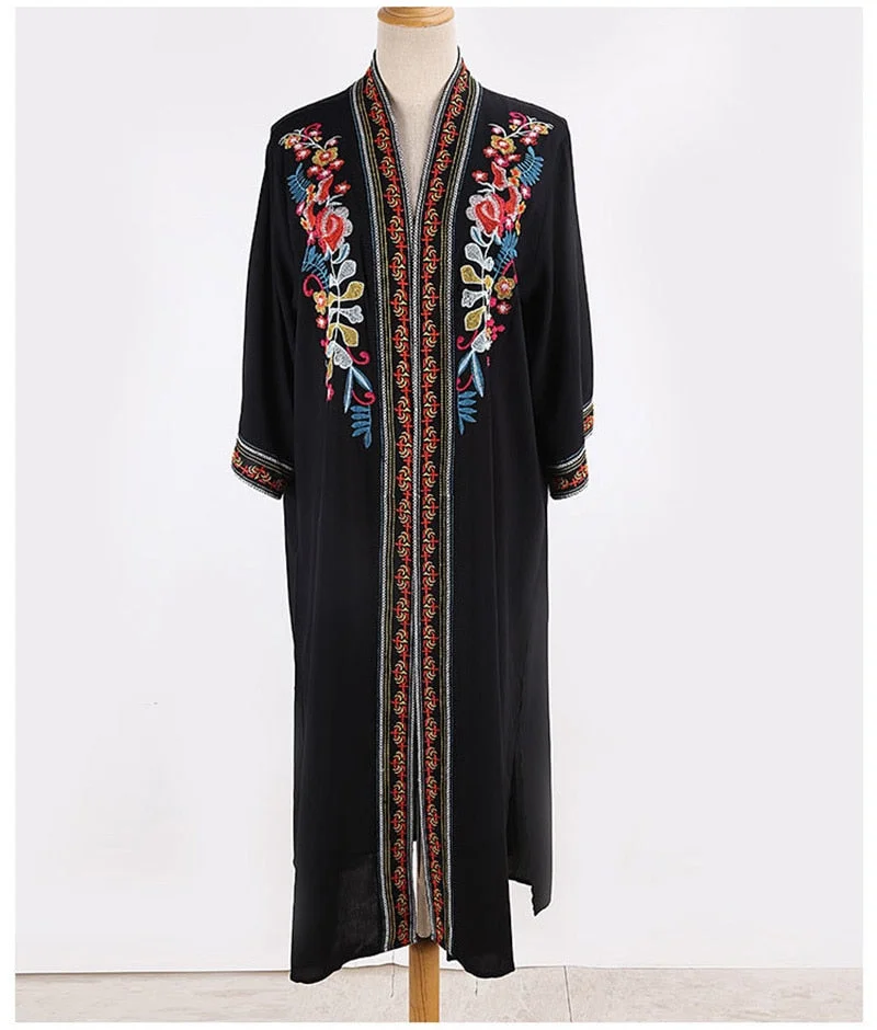 Fitshinling Vintage Embroidery Beach Kimono Cover Up Swimwear Holiday Side Split Black Long Cardigan Sexy Slim Bikini Outing New