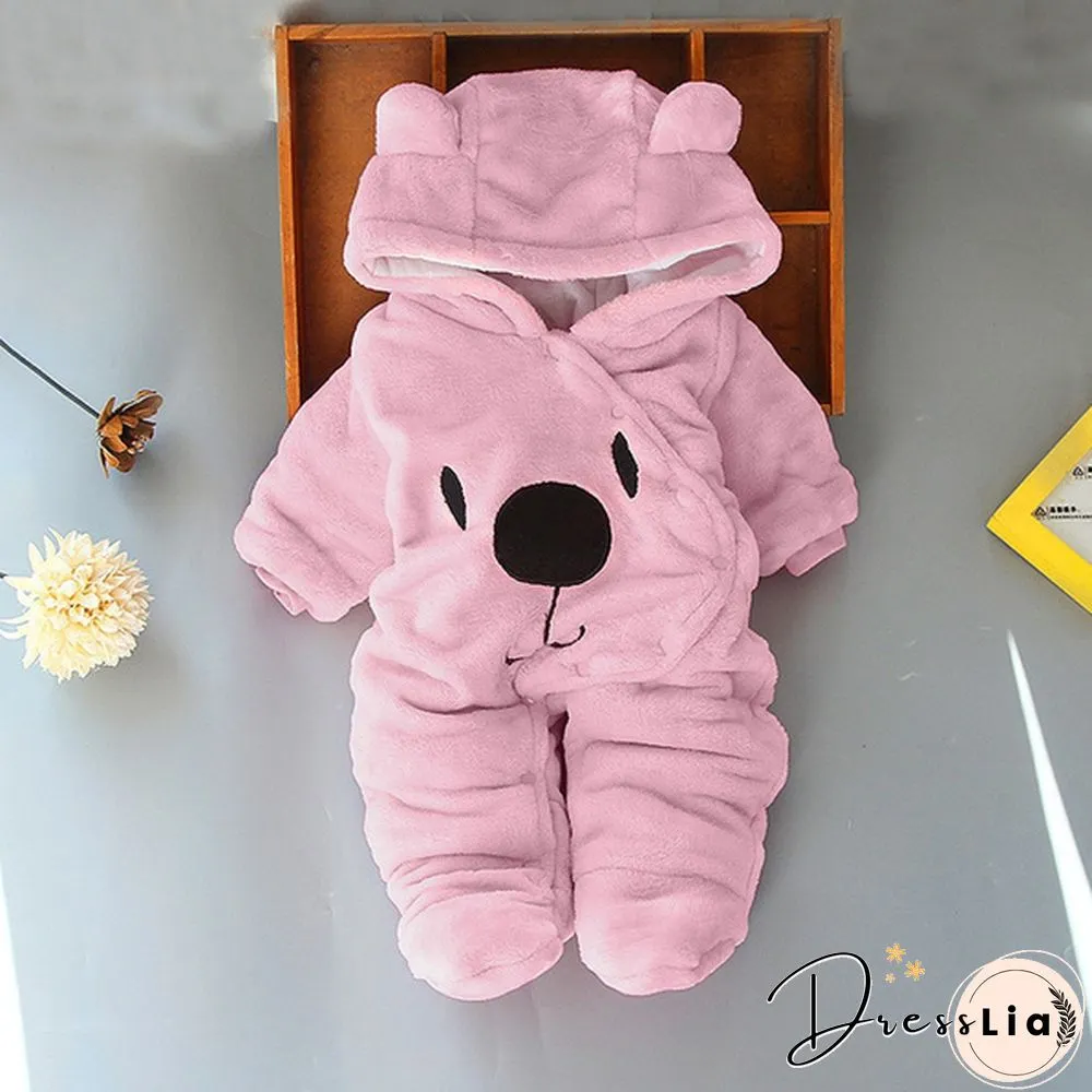Newborn Baby Girl Boy Solid Color Cartoon Bear Velvet Hooded Jumpsuit Winter Warm Thick