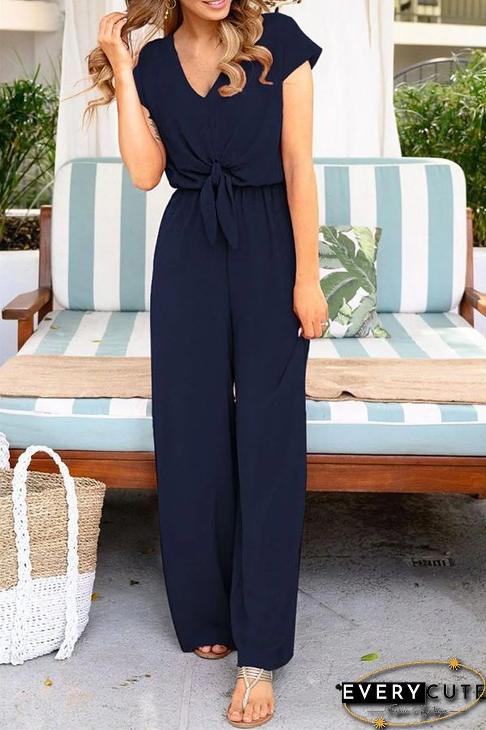 V-neck Short Sleeve Knotted Jumpsuit P16319