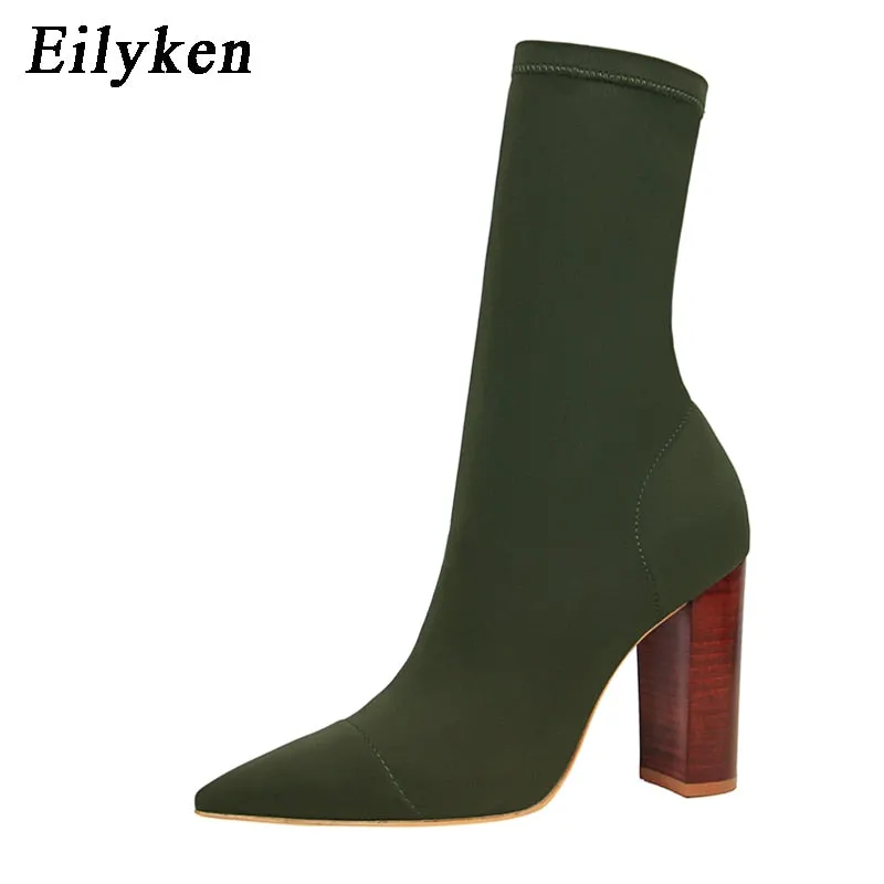 Eilyken Comfort Stretch Women Sock Boots Square High Heel Ankle Boots Fashion Pointed Toe Fall Stretch Shoes Black Big Size 2022