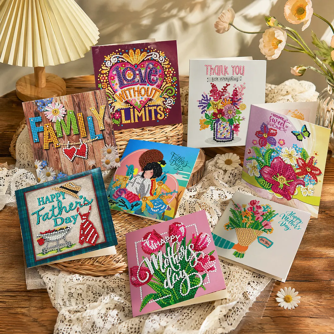 8PCS Fathers Day Mothers Day DIY Diamond Painting Greeting Card Kits with Envelopes Diamond Art Greeting Cards Diamond Art Cards Kits for Adults DIY Crafts Family Friend Gifts
