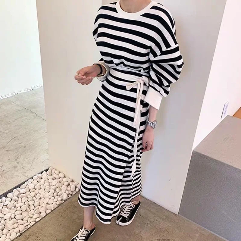Zoki Korean Tunic Women Maxi Dress Spring High Waist Lace Up Fashion Long Sleeve Striped Streetwear O Neck Female Party Vestidos
