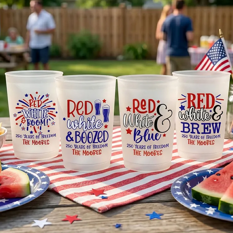 Red White & Boom Personalized Frosted Cups &ndash; Custom Family Name Party Cups for 4th of July & 250th Anniversary