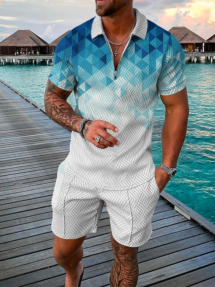 Men's Gradient Triangle Geometric Printed Polo Suit