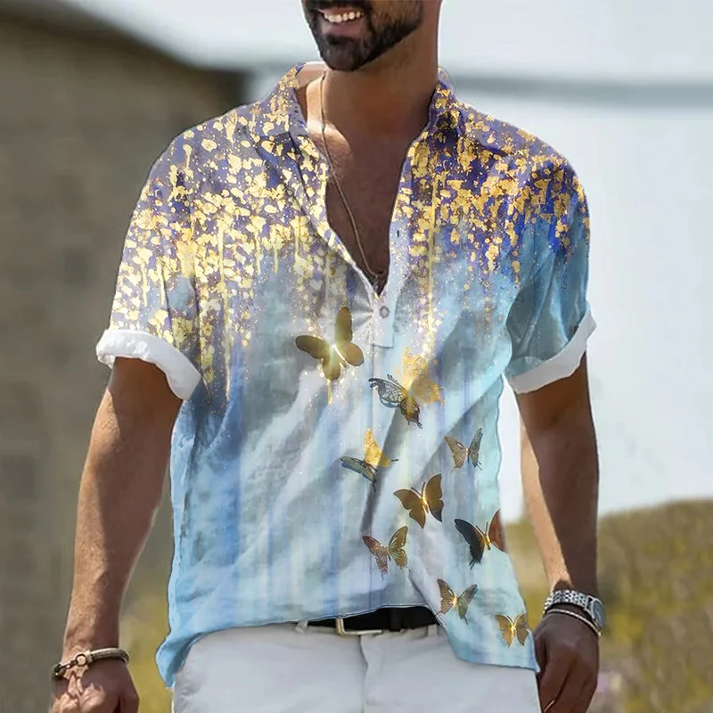 Men's Cotton Linen Butterfly Print Short Sleeve Shirt