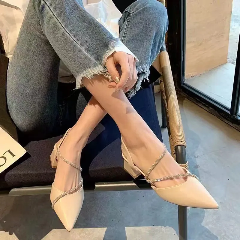 Breakj Breakj Water Drill Sandals Women Summer French Coarse High Heels Retro Single Shoes Femininity Spring