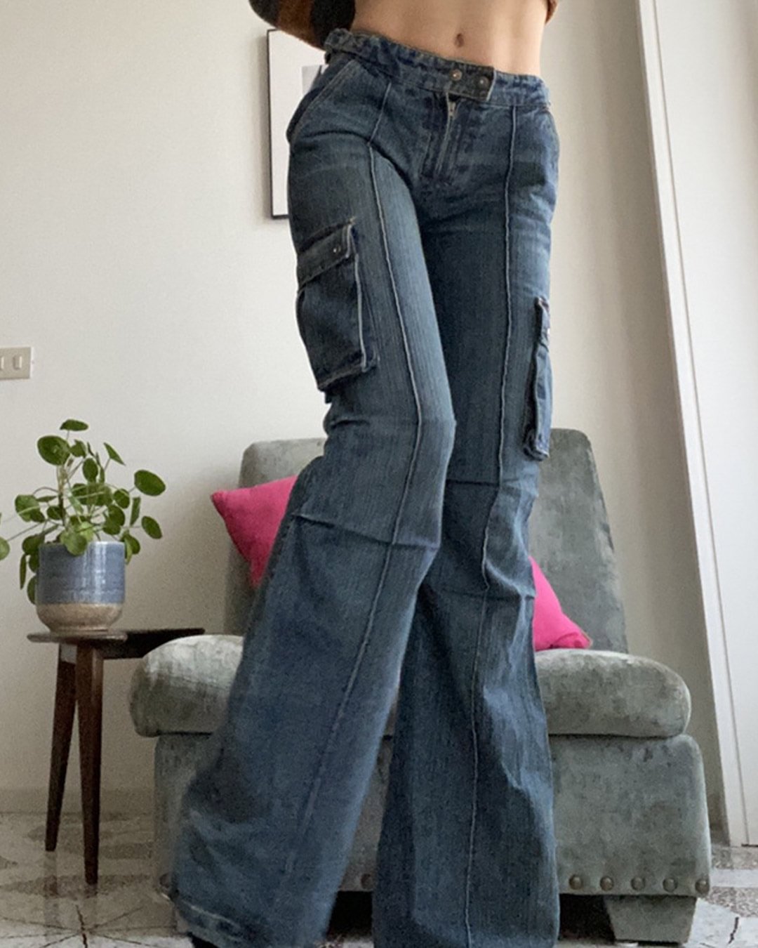 Fashionv-High Waist Flap Pocket Striaght Jeans