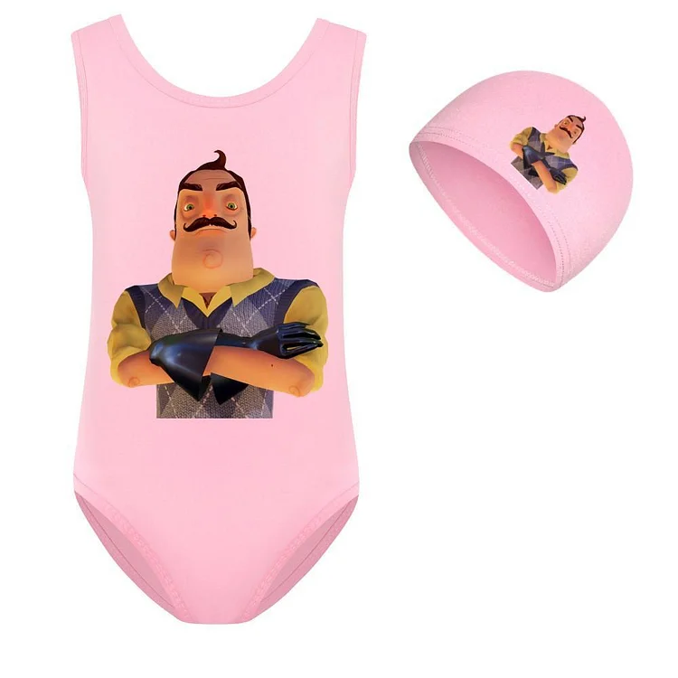 Hello Neighbor Print Girls Sporty One Piece Pink Yellow Blue Swimsuit-Mayoulove